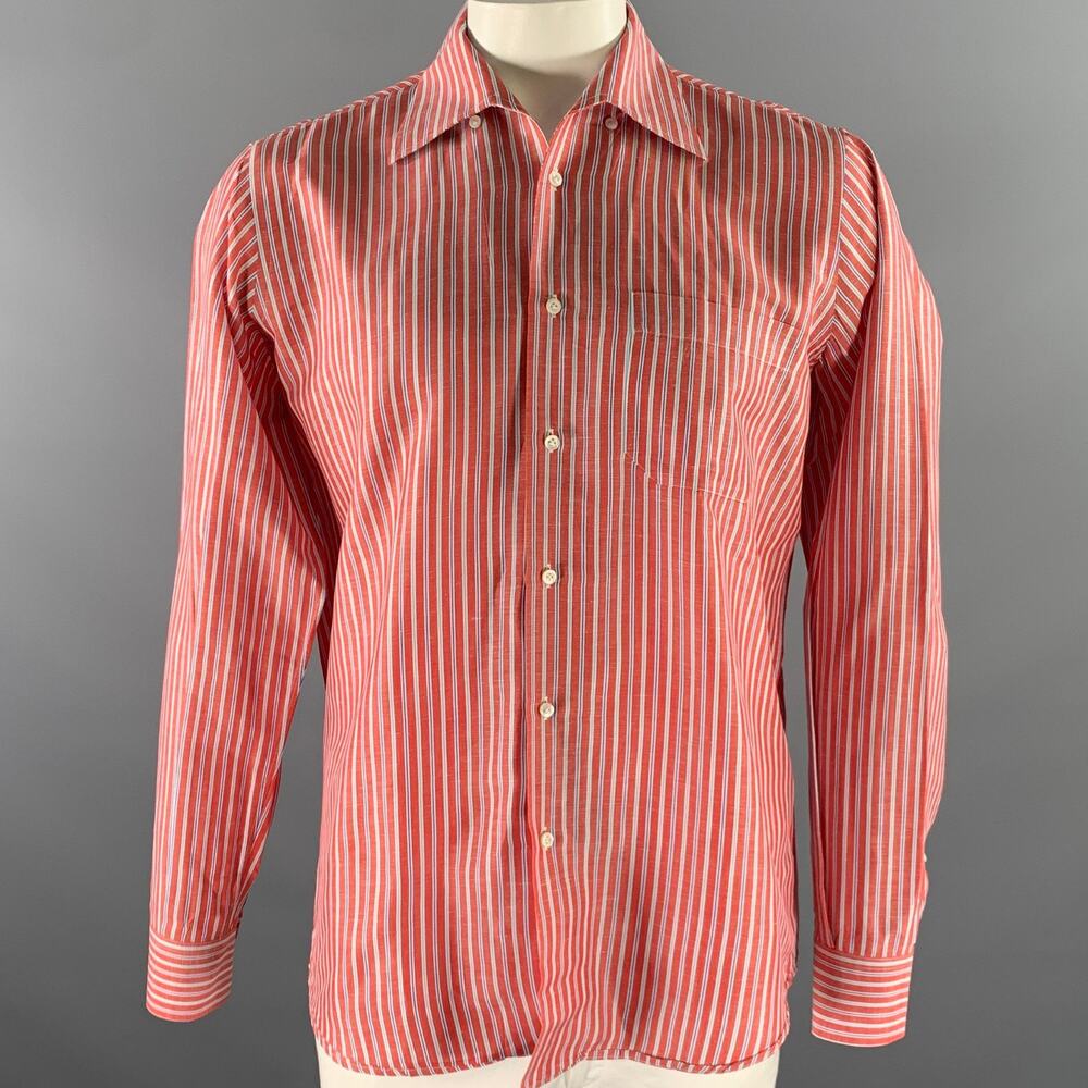 LUCIANO BARBERA Size L Red White Blue Stripe Linen Blend Long Sleeve Shirt